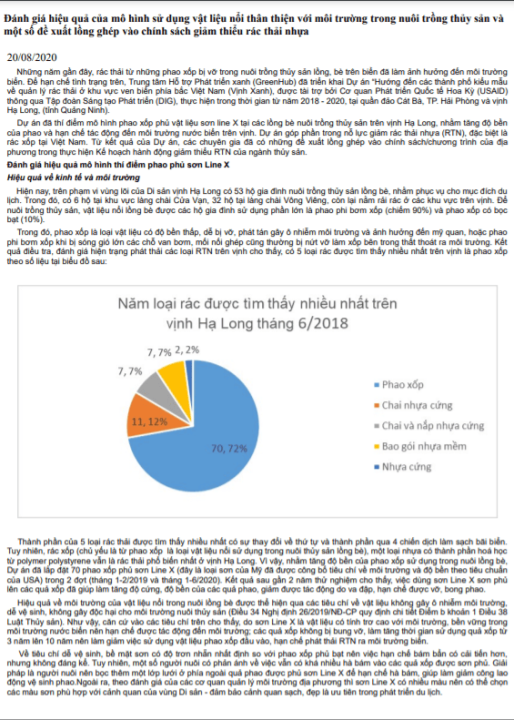 Đánh giá hiệu quả mô hình sử dụng vật liệu nổi thân thiện với môi trường trong nuôi trồng thủy sản và một số đề xuất lồng ghép vào chính sách giảm thiểu rác thải nhựa pdf