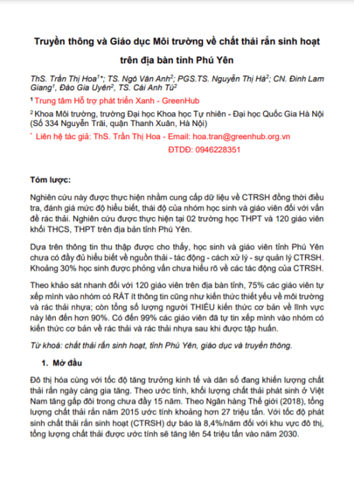 Truyền thông & Giáo dục Môi trường về CTR sinh hoạt tại tỉnh Phú Yên