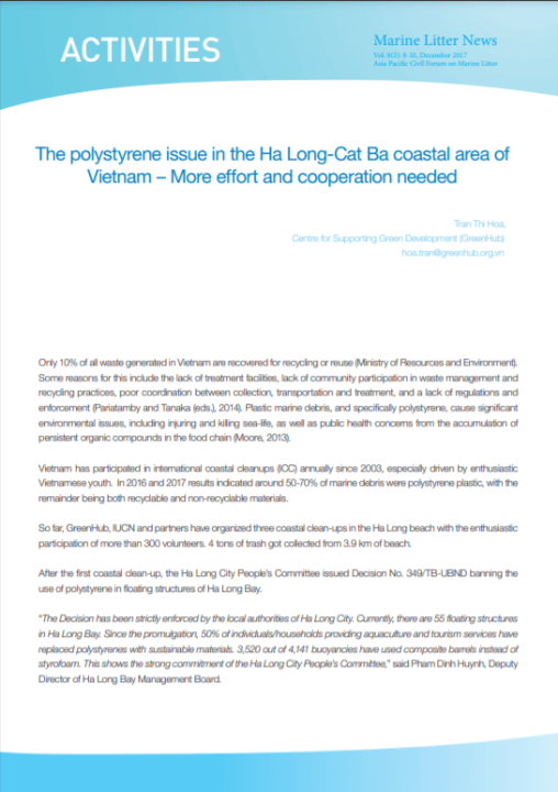 Vấn đề polystyrene ở khu vực ven biển Hạ Long-Cát Bà của Việt Nam - cần nhiều nỗ lực và cần thiết